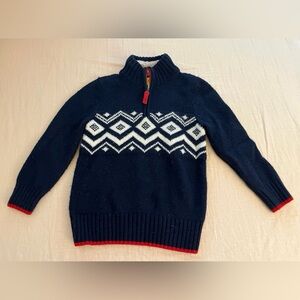 Boden Wool Navy Half-Zip Sweater with White Fair Isle and Red Trim